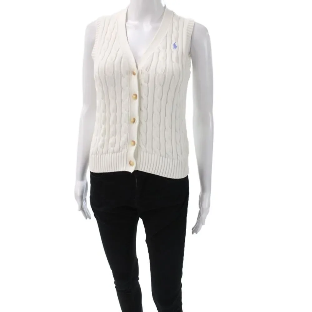 Polo Ralph Lauren Womens Ivory Cotton V Neck Button Vest Size M
